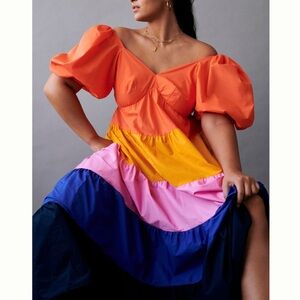 FARM Rio Multicolor Maxi Dress with Puff Sleeves